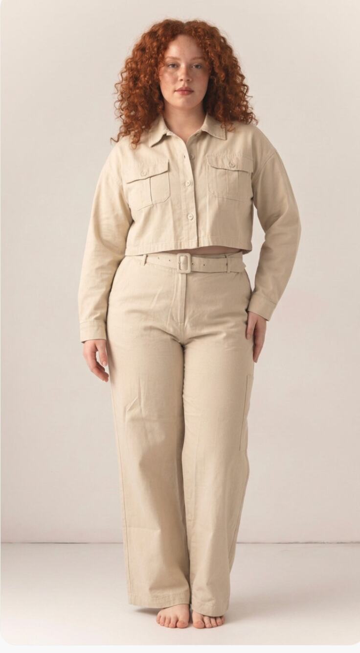 Scoop Beige Utility 2 Piece Set Cropped Shirt Belted Wide Leg Pants Size 16 NWT